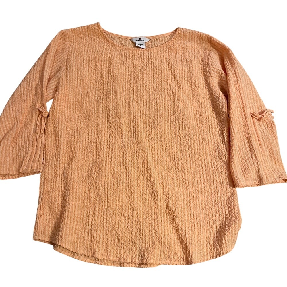 Woolrich Womens Light Mango Orange Seersucker 3/4 Sleeve Tie Cuff‎ Top S 23133